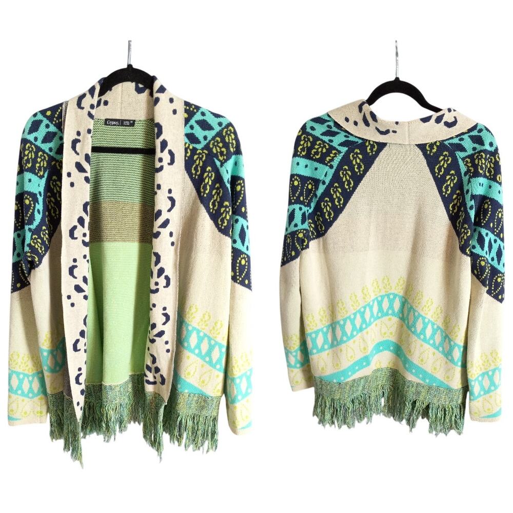 Gypsy 05 Oversized Colorful Boho Open-Front Fringe Cardigan Sweater Women's XS